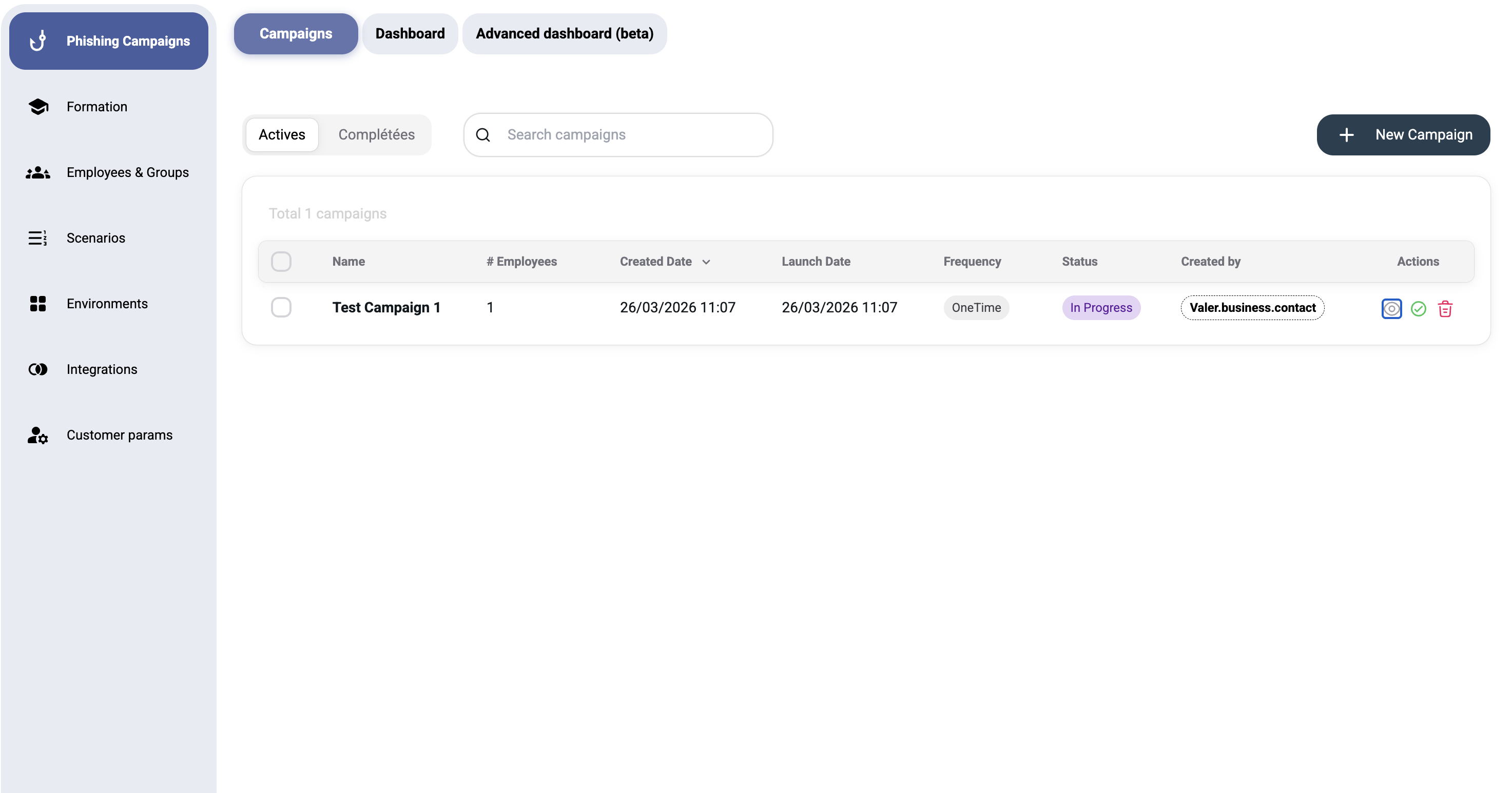 Main interface after login — campaign list with sidebar navigation